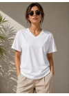 V Yaka Basic Tişört Kısa Kol Yazlık Regular Fit T-Shirt - Beyaz