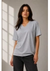 V Yaka Basic Tişört Kısa Kol Yazlık Regular Fit T-Shirt - Gri