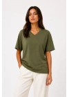 V Yaka Basic Tişört Kısa Kol Yazlık Regular Fit T-Shirt - Haki