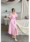 V YAKA BEL BONCUK BAĞLAMALI MÜSLİN ELBİSE YIRTMAÇ DETAYLI - Pembe