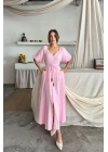V YAKA BEL BONCUK BAĞLAMALI MÜSLİN ELBİSE YIRTMAÇ DETAYLI - Pembe