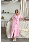 V YAKA BEL BONCUK BAĞLAMALI MÜSLİN ELBİSE YIRTMAÇ DETAYLI - Pembe
