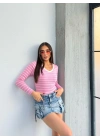 V yaka çizgili bluz pembe A3699