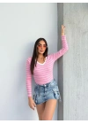 V yaka çizgili bluz pembe A3699