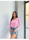V yaka çizgili bluz pembe A3699