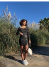 V yaka çizgili bluz siyah A3699