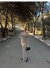 V Yaka Kare Yaka Dikişli Yırtmaçlı Uzun Elbise - Taş