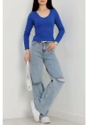 V yaka kaşkorse bluz saks mavisi a3699