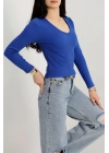 V yaka kaşkorse bluz saks mavisi a3699