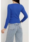 V yaka kaşkorse bluz saks mavisi a3699