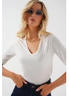 V Yaka Kısa Kol Basic Bluz 955 - Beyaz