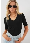 V Yaka Kısa Kol Basic Bluz 955 - Siyah