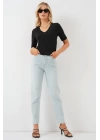V Yaka Kısa Kol Basic Bluz 955 - Siyah