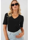 V Yaka Kısa Kol Basic Bluz 955 - Siyah