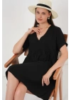 V Yaka Kısa Kol Elbise 2567 - Siyah