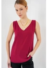 V Yaka Sıfır Kol Bluz 950 - Bordo