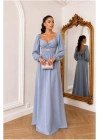 V Yaka Uzun Abiye Elbise Kollu Maxi