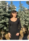 V yaka Uzun kollu midi boy elbise siyah A3154