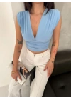 Vatkalı Kolsuz V Yaka Drapeli Crop Bluz Likralı Fit - Bebek Mavisi