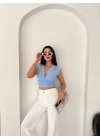 Vatkalı Kolsuz V Yaka Drapeli Crop Bluz Likralı Fit - Bebek Mavisi
