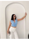 Vatkalı Kolsuz V Yaka Drapeli Crop Bluz Likralı Fit - Bebek Mavisi