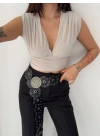 Vatkalı Kolsuz V Yaka Drapeli Crop Bluz Likralı Fit - Boyalı Gri