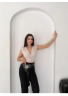 Vatkalı Kolsuz V Yaka Drapeli Crop Bluz Likralı Fit - Boyalı Gri