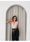 Vatkalı Kolsuz V Yaka Drapeli Crop Bluz Likralı Fit - Boyalı Gri