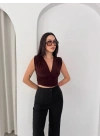 Vatkalı Kolsuz V Yaka Drapeli Crop Bluz Likralı Fit - Kahverengi