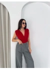 Vatkalı Kolsuz V Yaka Drapeli Crop Bluz Likralı Fit - Kırmızı