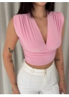 Vatkalı Kolsuz V Yaka Drapeli Crop Bluz Likralı Fit - Pembe