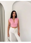 Vatkalı Kolsuz V Yaka Drapeli Crop Bluz Likralı Fit - Pembe