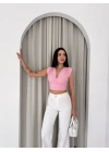Vatkalı Kolsuz V Yaka Drapeli Crop Bluz Likralı Fit - Pembe