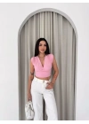 Vatkalı Kolsuz V Yaka Drapeli Crop Bluz Likralı Fit - Pembe