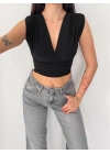 Vatkalı Kolsuz V Yaka Drapeli Crop Bluz Likralı Fit - Siyah