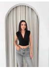 Vatkalı Kolsuz V Yaka Drapeli Crop Bluz Likralı Fit - Siyah