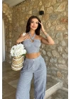 Vesna Keten Çizgili Crop Takım 9806-0025