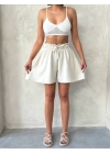 Volanlı keten şort bej s255058