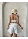 Volanlı keten şort bej s255058