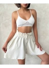 Volanlı keten şort bej s255058