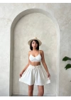 Volanlı keten şort bej s255058
