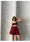 Volanlı keten şort bordo s255058
