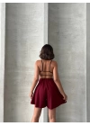 Volanlı keten şort bordo s255058