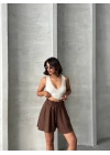 Volanlı keten şort kahve s255058