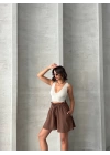 Volanlı keten şort kahve s255058
