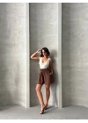 Volanlı keten şort kahve s255058