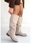 Winda Bej Süet Körüklü Topuklu Çizme