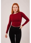Yaka Detay Uzun Kollu Basic Bordo Bluz