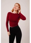 Yaka Detay Uzun Kollu Basic Bordo Bluz
