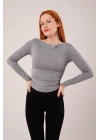 Yaka Detay Uzun Kollu Basic Gri Bluz